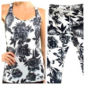 SET Lululemon Brisk Bloom Black White Floral athletic matching leggings & tank